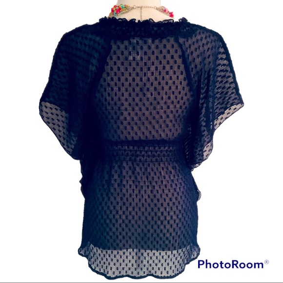 Fresh Brewed Blue Polka Dot Ruffle V-Neck Short Wing Sleeve Top. - Picture 2 of 2